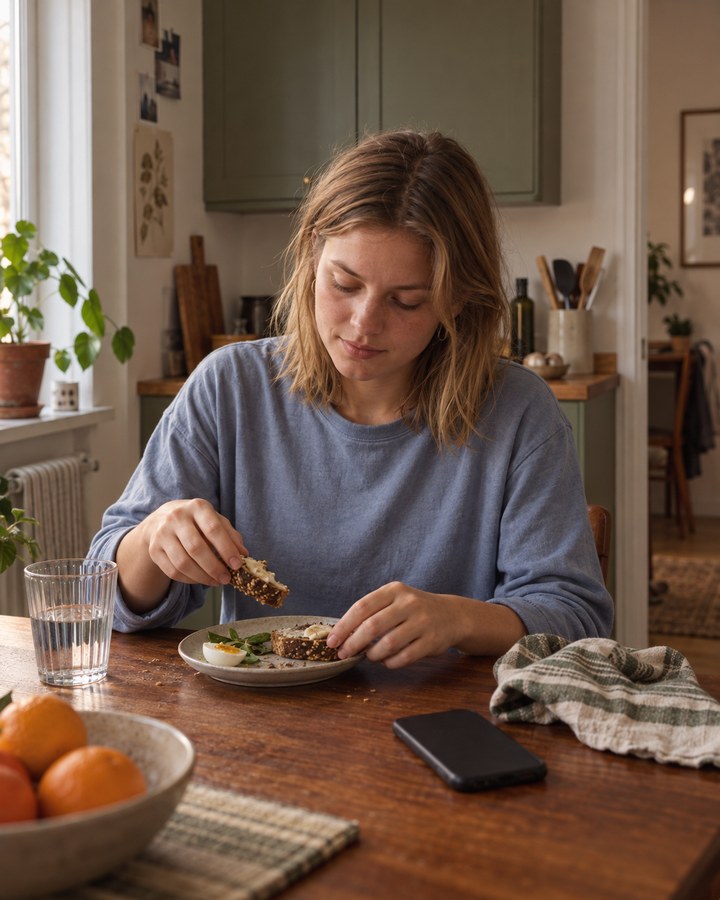 Konstrueret eksempel: en kvinde sidder ved sit køkkenbord og spiser rugbrød med æg, med telefonen liggende på bordet