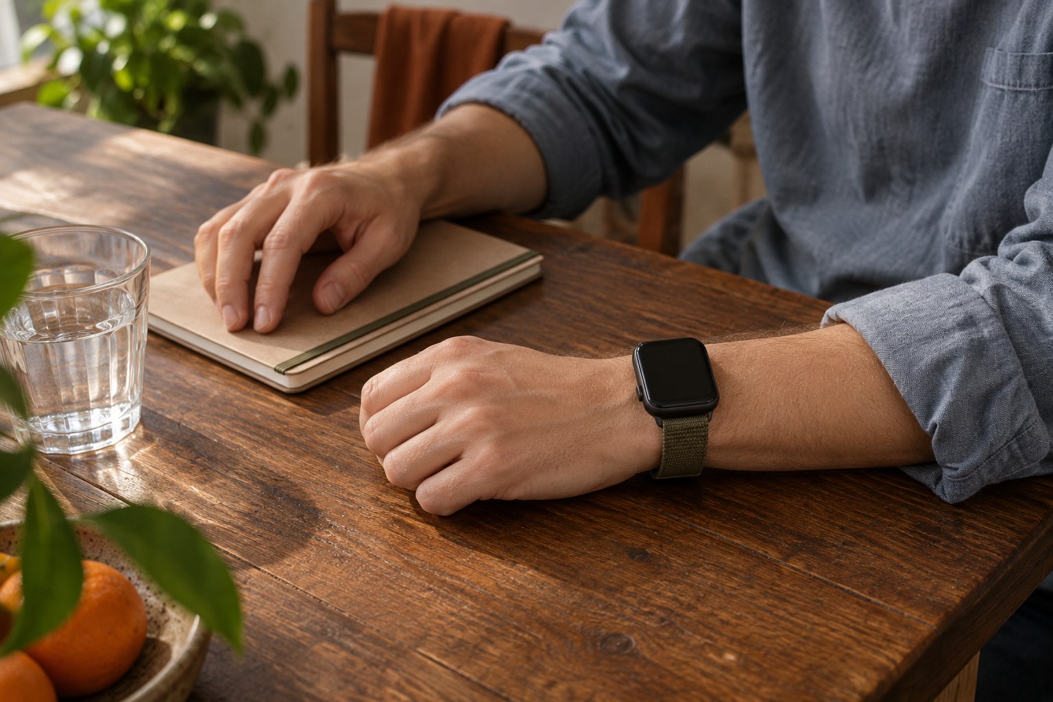 To hænder hviler på et træbord ved siden af en notesbog; på det ene håndled sidder et smartwatch
